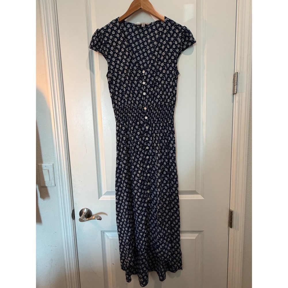 Gypsies & Moondust Navy Floral Smocked Waist Button Front Midi Dress Medium